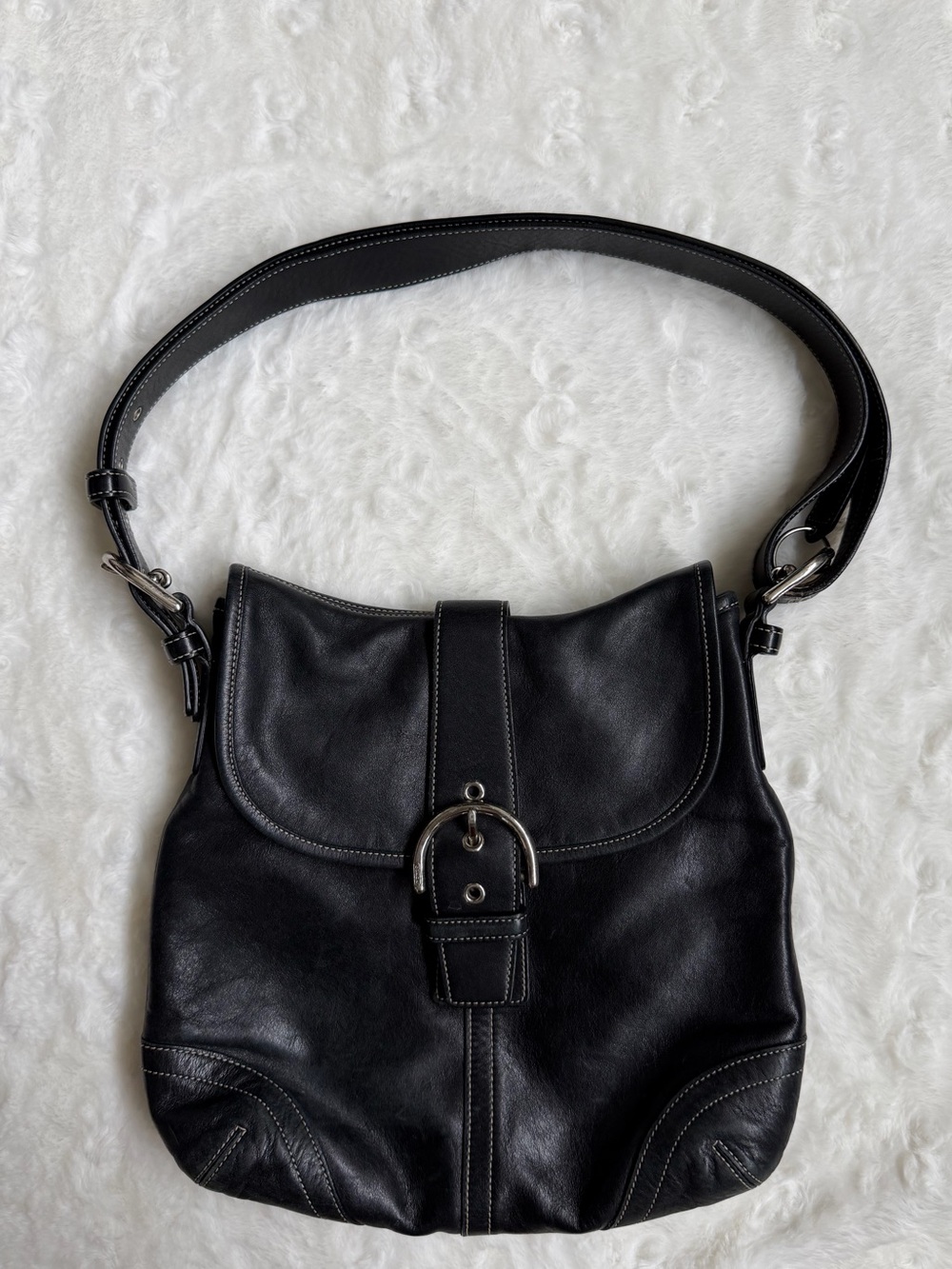 Coach Black Leather Shoulder Bag with Buckle Detail